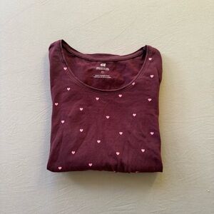 H&M Burgundy Long Sleeve Tee with Pink Hearts